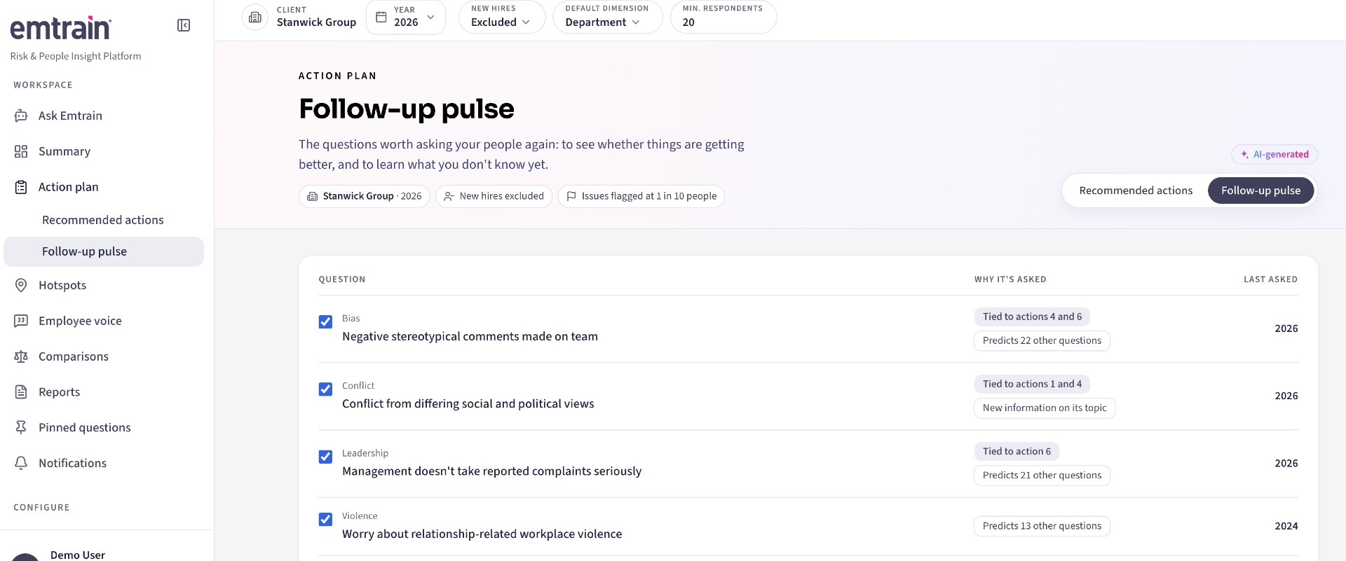 Emtrain Intelligence Follow-up Pulse Questions to Send to AuthorAI